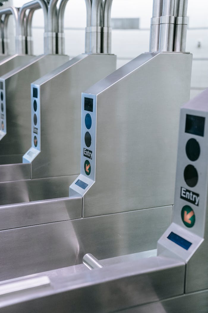 Close-up of a contemporary subway turnstile in a station. Modern design and functionality.